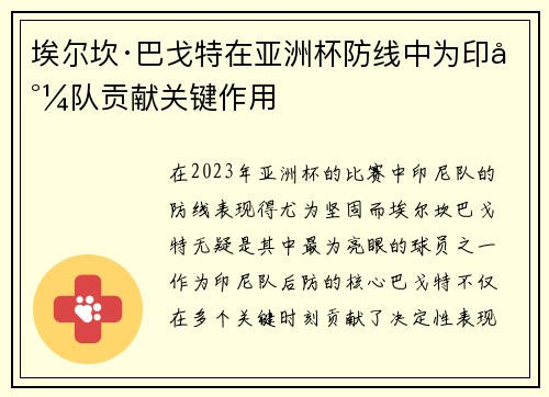埃尔坎·巴戈特在亚洲杯防线中为印尼队贡献关键作用